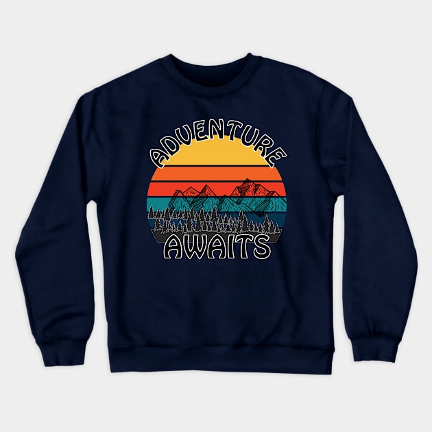 Adventure Awaits retro sunset camping Van Life Crewneck Sweatshirt by Surfer Dave Designs